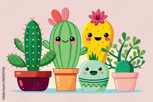 Cute kawaii cacti and succulent plants in pots with happy faces and flowers
