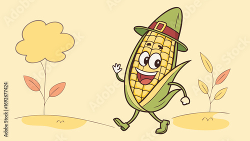 A cartoon illustration of an anthropomorphic corn cob wearing a pilgrim hat. This image is perfect for websites and blogs about autumn holidays like Thanksgiving, seasonal food, or fall festivals.


