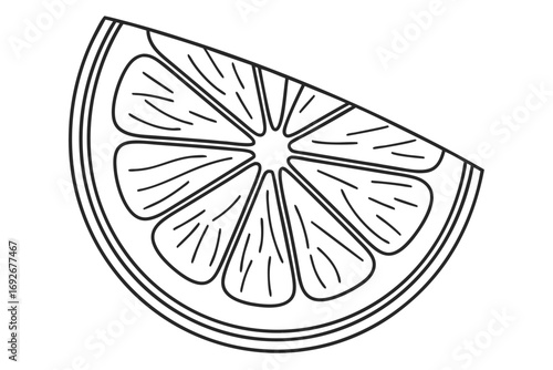 Black and white outline drawing of a citrus fruit slice orange lemon