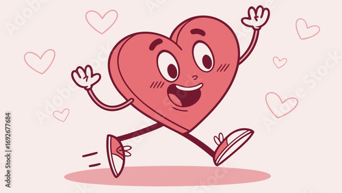 A cheerful cartoon heart with arms and legs, happily running on a light pink background with small hearts. Great for blogs on love, health, fitness, or Valentine's Day.