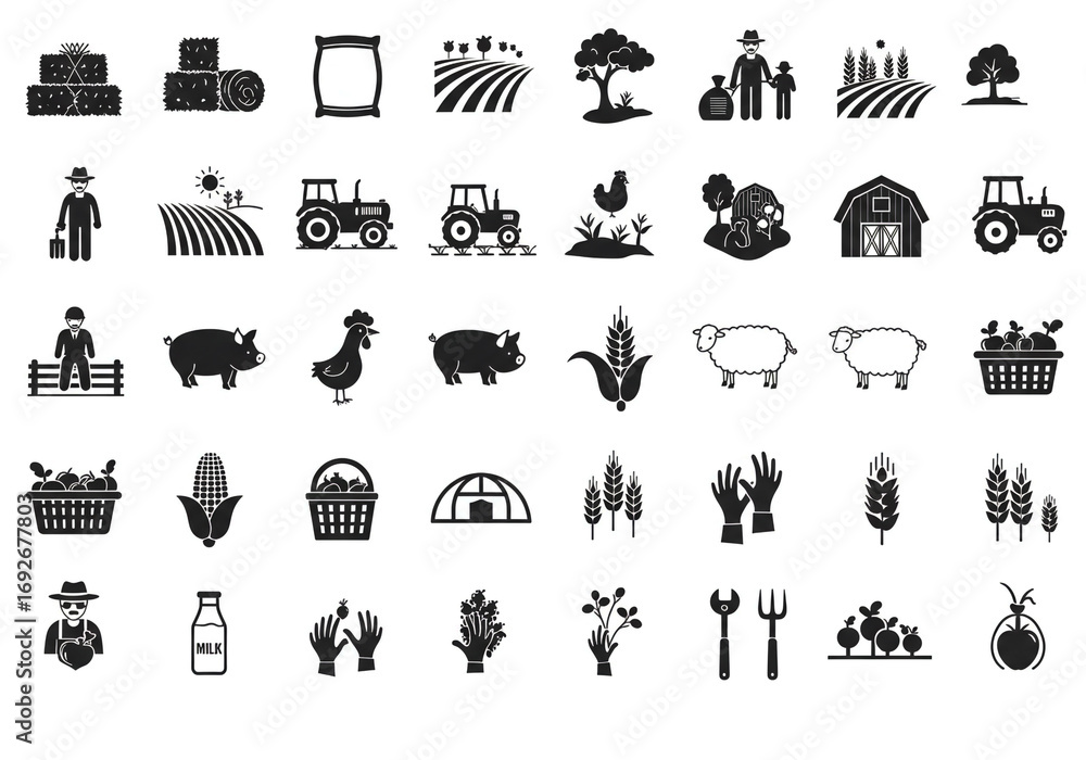 Fototapeta premium Diverse farm icons depict agriculture, livestock, and harvest for rural lifestyle and food production