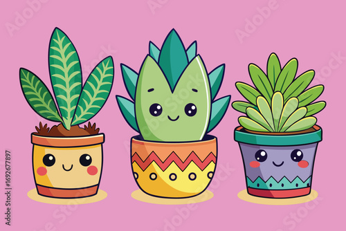 Three adorable kawaii succulents in cute decorative pots with happy faces on pink background