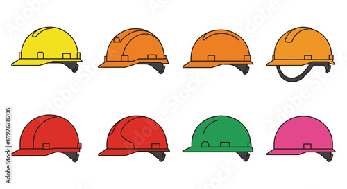 various colored hard hats arranged neatly in two rows