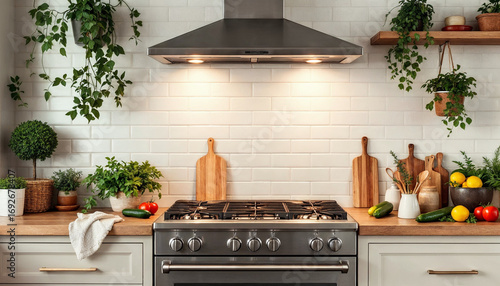Modern kitchen with stainless steel stove, wooden countertops, and fresh produce