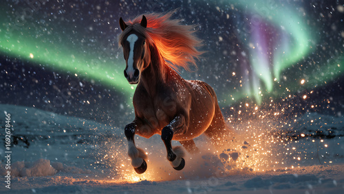 Christmas red fiery horse running through snow under northern lights, symbol of 2026 year with glowing mane and magical energy.