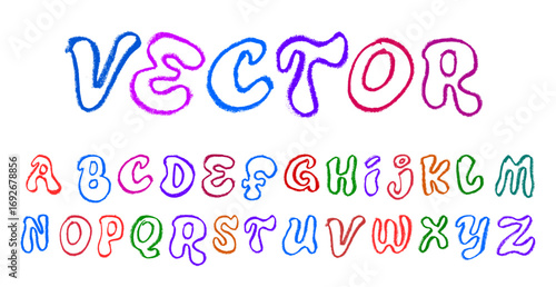 Retro Groovy 70s Style Font Alphabet Crayon Chalk Drawing Doodle Vector Set