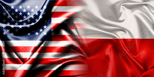 The national flags of the United States and Poland are merged into one and placed side by side on a fluttering cotton background. Flags.
