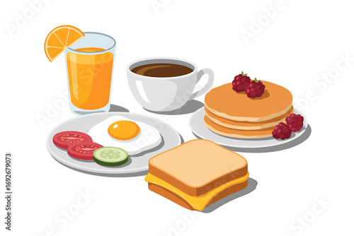 Delicious Breakfast Spread Pancakes, Eggs, Juice, and More for a Nutritious Morning