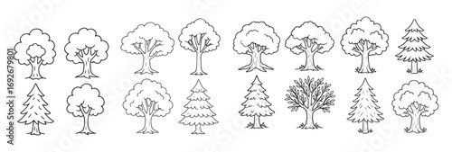 cartoon style tree set isolated on white background
