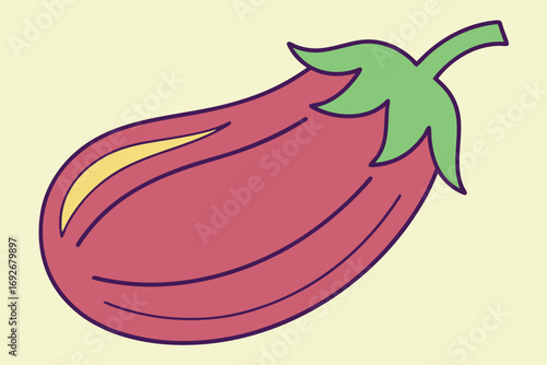 Cartoon eggplant with a yellow highlight on a light yellow background aubergine vegetable