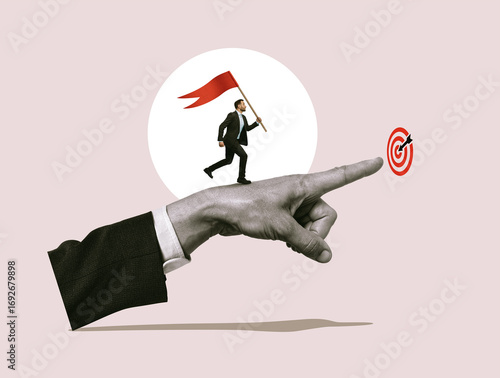 A man with a flag in his hand confidently runs towards his goal.