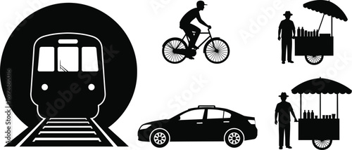Transportation methods and street vendors black and white vector