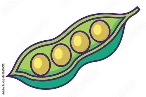 Cartoon illustration of a green pea pod with four yellow peas inside vegetable food