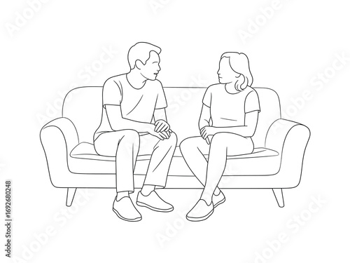 Couple Counseling Line Art: Man and Woman Talking on Couch, Seeking Help,  Black and White Illustration for Therapy, Communication, and Relationships