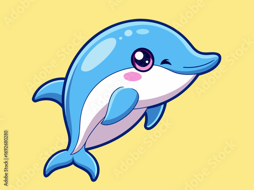 Cute winking blue dolphin with pink cheeks on yellow background
