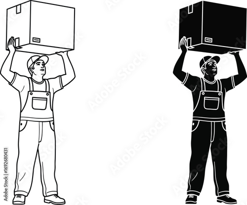 Moving company worker carrying box delivery service monochrome