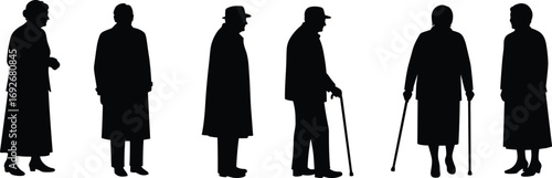 Elderly silhouettes in hats and coats, standing in a row, using canes, aging mobility concept, senior healthcare vector illustration design