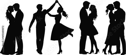 Couple Silhouette Collection Featuring Romantic Poses, Dance, and Intimate Embraces, Showing Love and Affection in Black