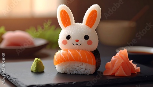 Cute rabbit sushi on a slate plate