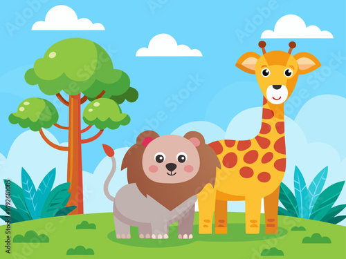 Cute cartoon lion and giraffe friends in a savanna landscape