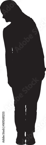 vector,silhouette of woman standing  and look to the side and down 