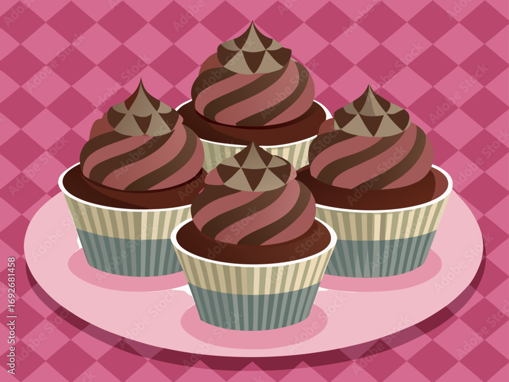 Four chocolate swirl cupcakes on a pink plate with pink diamond background