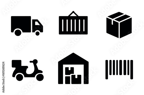Logistics and delivery icons featuring transport, storage, and packaging symbols