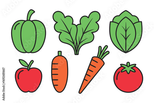 Collection of Fresh Vegetables and Fruit Icons on White Background bell pepper green pepper