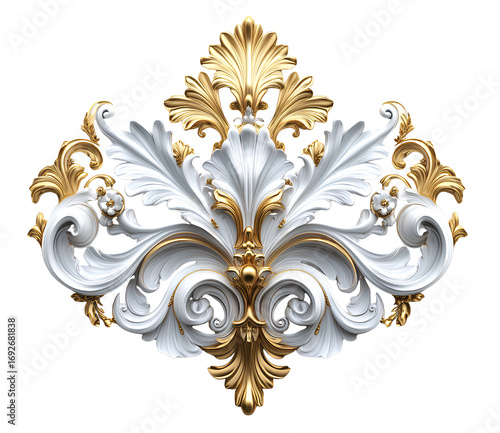 3d baroque ornament, in golden and white colors, isolated on a transparent background.