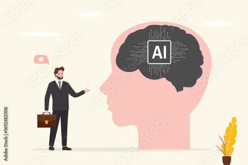 AI chip, machine learning, analysis information. Digital brain with neural network. Chatbot. Artificial intelligence concept. Coder or scientist talking with new chat bot.