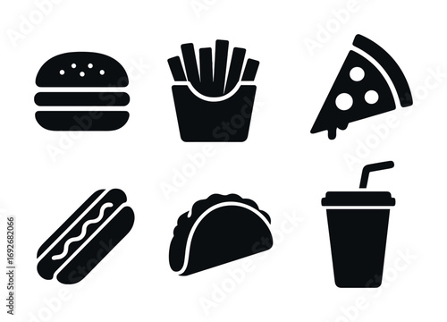 Fast food icons: burger, fries, pizza, hot dog, taco, drink in black silhouette