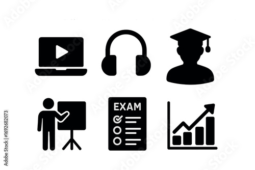 Online education icons: laptop, headphones, graduate, presentation, exam, graph