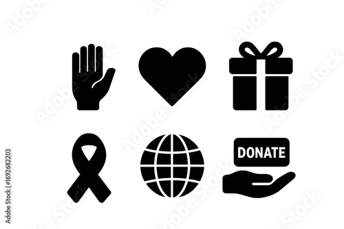 Donation and charity icons: heart, globe, ribbon, gift, hand, donate