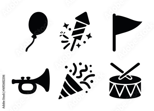 Celebration icons: balloon, firework, flag, trumpet, party hat, drum