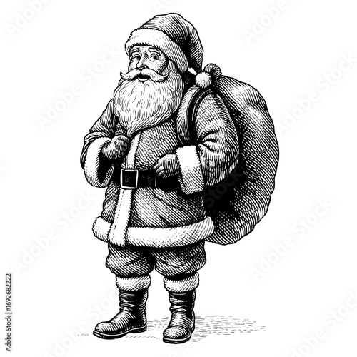 Santa Claus carrying a sack black and white vector illustration