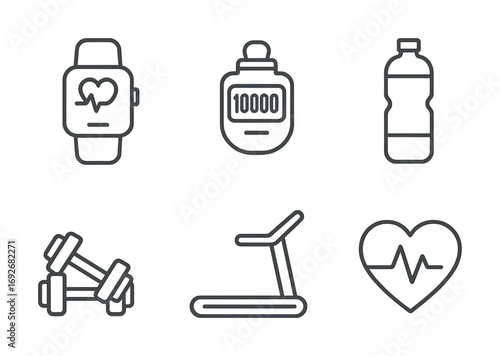 Fitness and health icons: smartwatch, supplements, hydration, dumbbells, treadmill, heartbeat