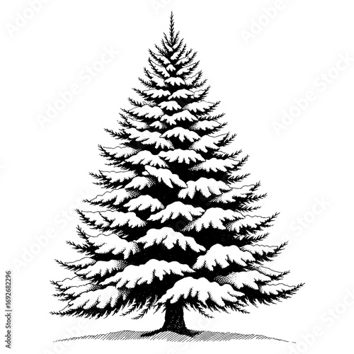 Snow-covered evergreen tree in a black and white vector illustration