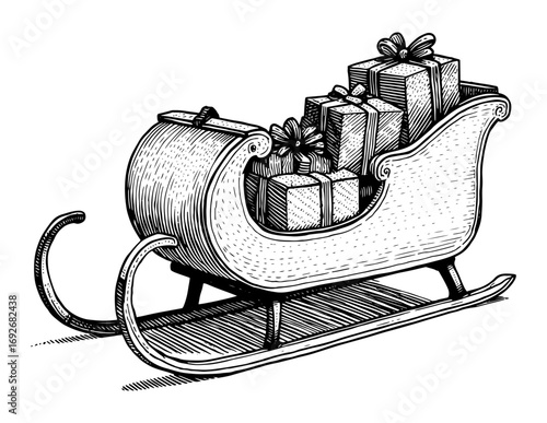 Christmas sleigh full of gifts illustration in a vintage style in black and white