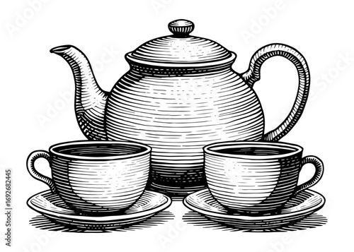 Vintage style teapot and teacups illustration in black and white