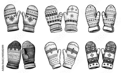 Hand-drawn winter mittens in a black and white line art style