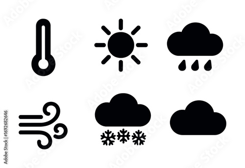 Weather icons: thermometer, sun, rain cloud, wind, snow, cloud symbols in black