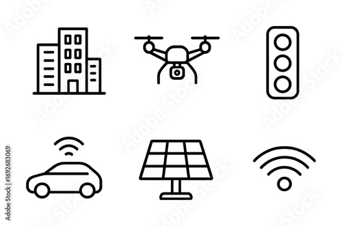 Smart city icons: building, drone, traffic light, car, solar panel, wi-fi