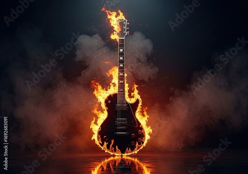 Illustration of electric guitar engulfed in flames, surrounded by smoke and sparks on stage