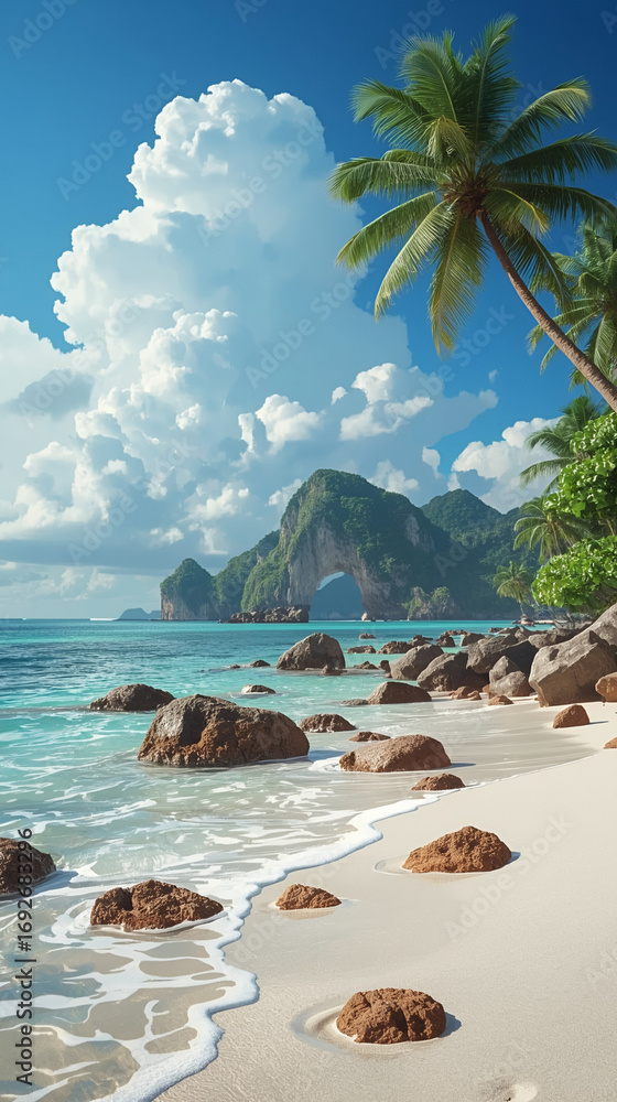 Naklejka premium A tropical beach has soft waves and swaying palm trees, perfect for relaxation.