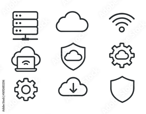 Set of cloud computing and network icons: server, wifi, gear, shield, download