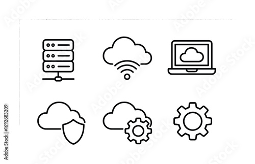 Cloud computing and data storage icons: server, cloud, laptop, security, gear