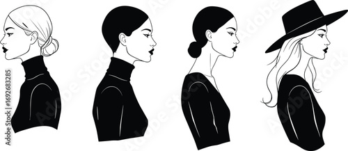Profile Silhouettes of Women with Various Hairstyles and Fashion Styles, Including Turtleneck and Hat Designs for Fashion Themes