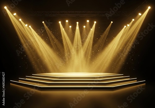 Illustration of illuminated stage with golden spotlights and stairs in a dark background