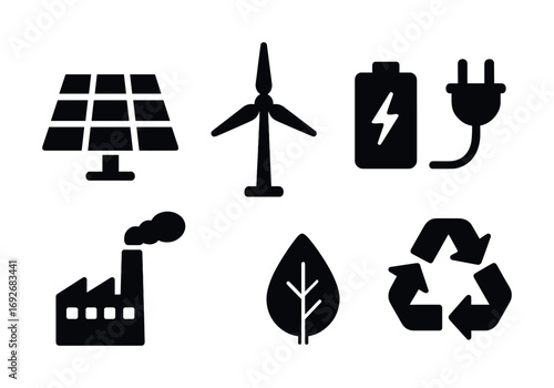 Sustainable energy icons: solar, wind, battery, plug, factory, leaf, recycling symbols
