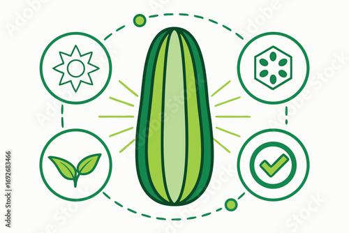 Cucumber Icon with Growth and Quality Symbols in a Circle leaves